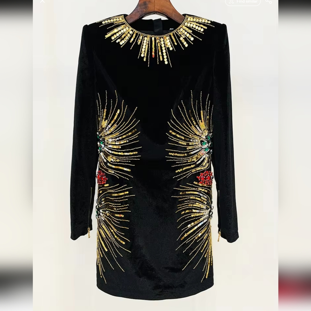 Women's Long Sleeve Stunning Sequined Rhinestone  Beaded Velvet Dress - Picture 3 of 11